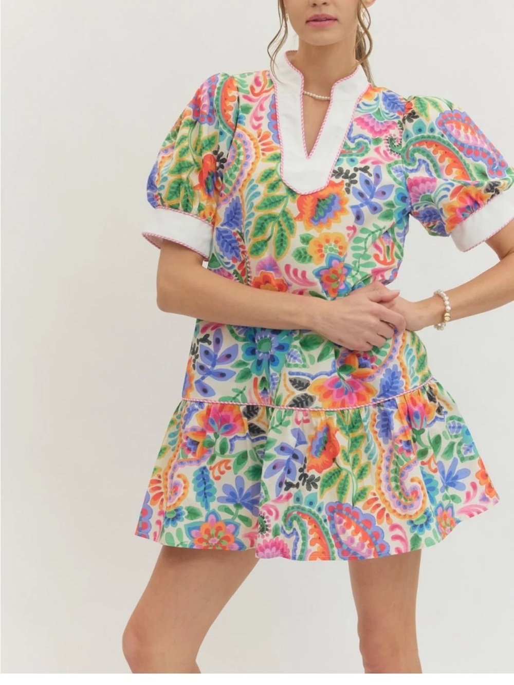 Entro Bright Floral Puff Sleeve Mini Dress